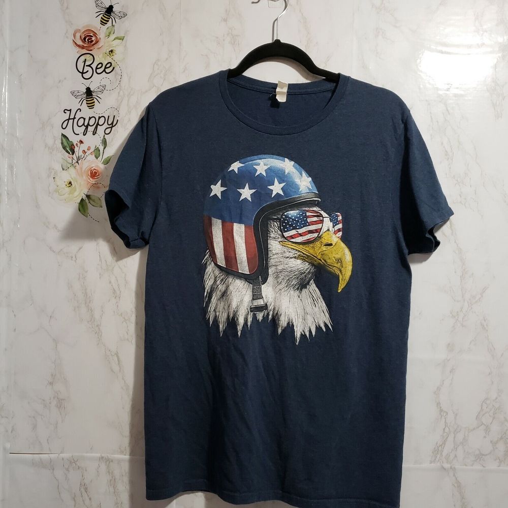 Motorcycle Eagle Helmet T Shirt USA Patriotic American Stars and Strips